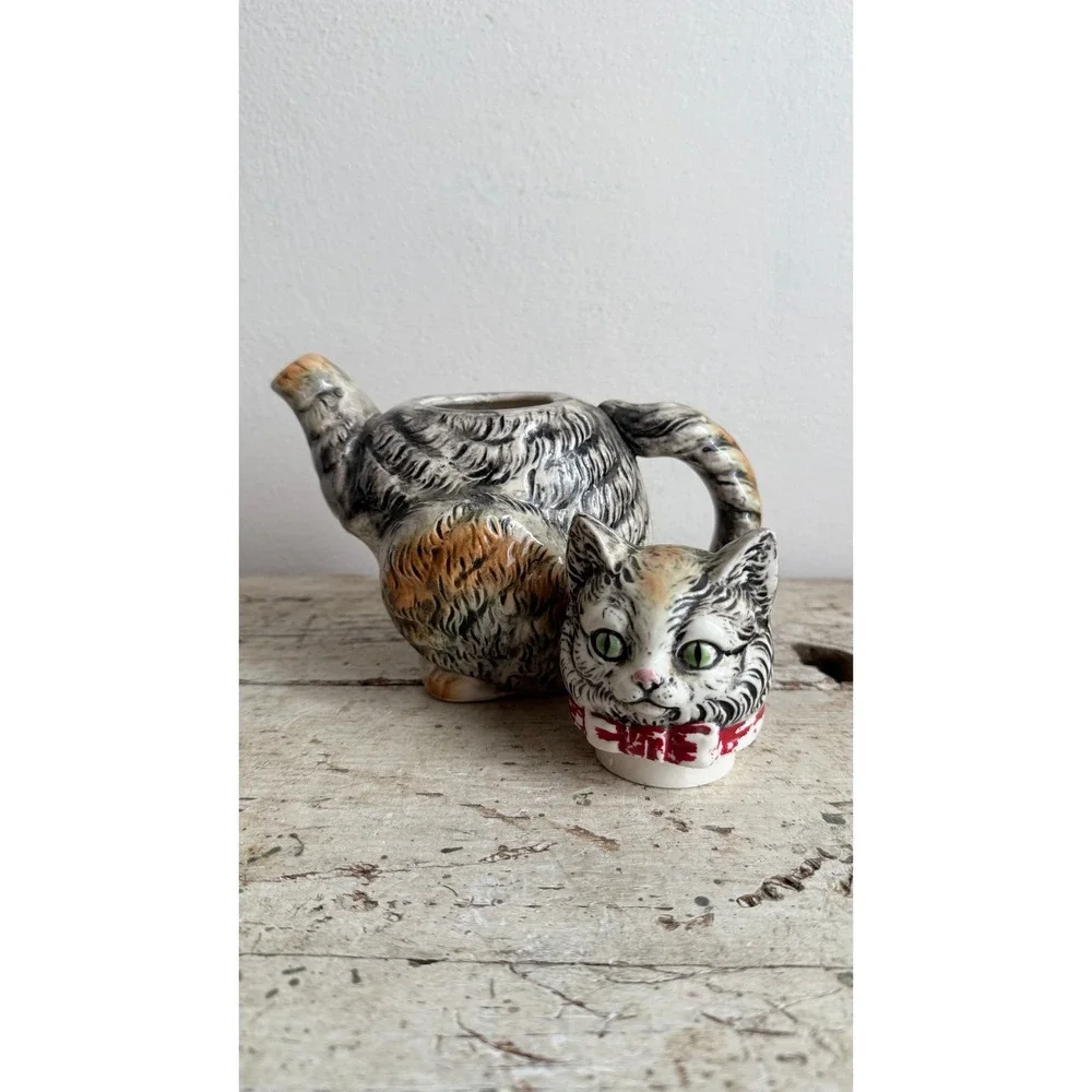 Vintage Japanese Hand Painted Ceramic Cat Teapot Grey Tabby Red Collar